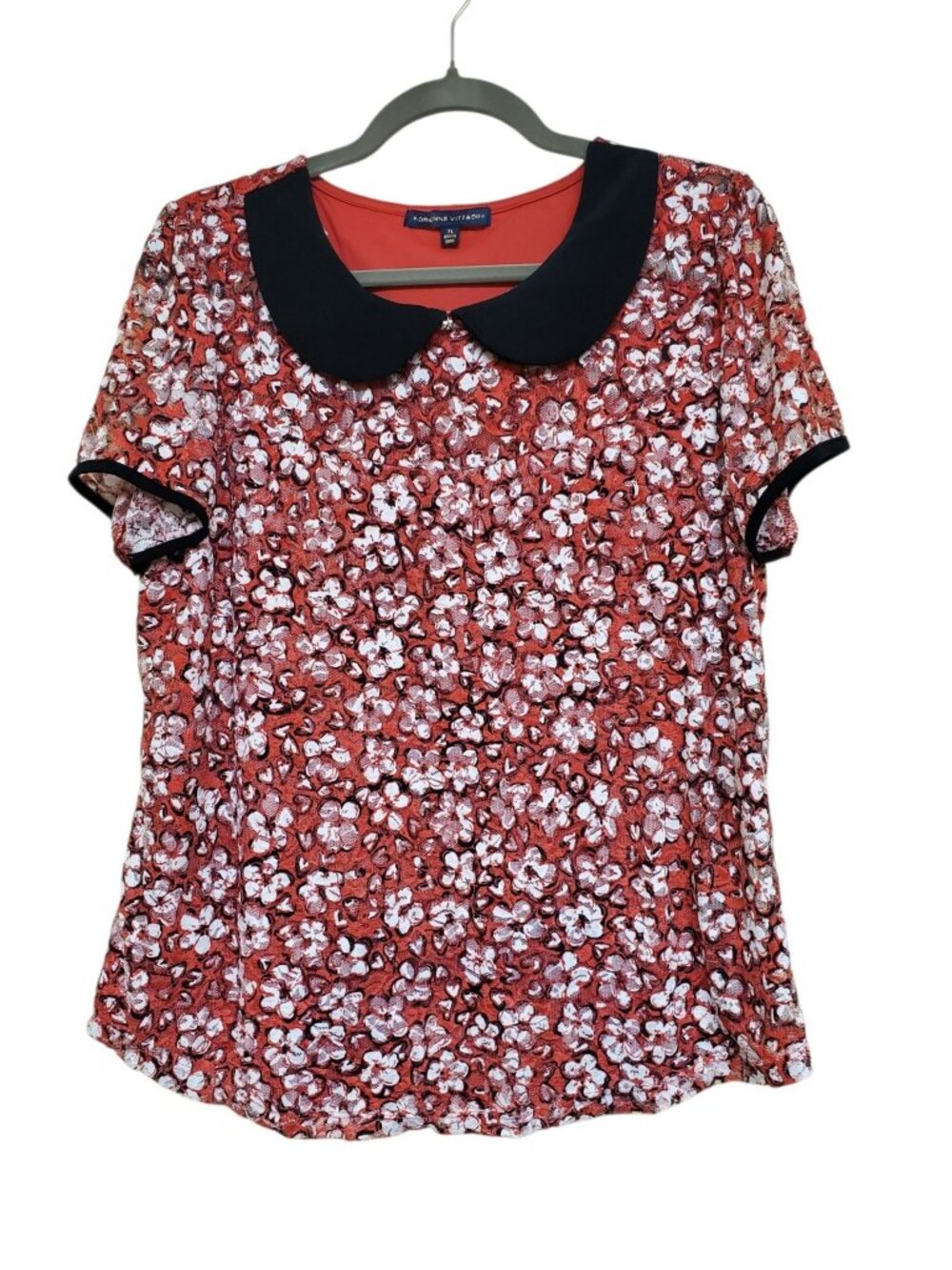 Adrienne Vittadini Women's Red White Textured Peter Pan Collar Coquette Top XL